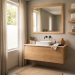 Salle de bain grise et bois avec meuble vasque en bois clair et robinetterie noire