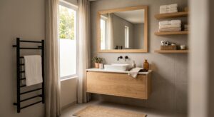 Salle de bain grise et bois avec meuble vasque en bois clair et robinetterie noire