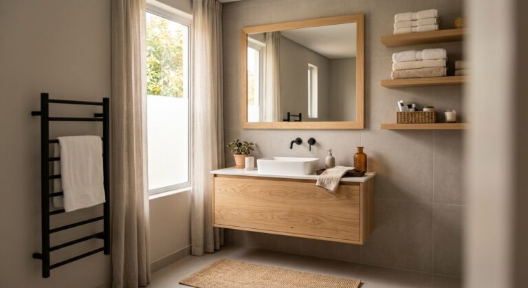 Salle de bain grise et bois avec meuble vasque en bois clair et robinetterie noire