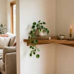Étagère d'angle en bois installée dans un coin de salon avec plante et bougie
