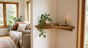 Étagère d'angle en bois installée dans un coin de salon avec plante et bougie
