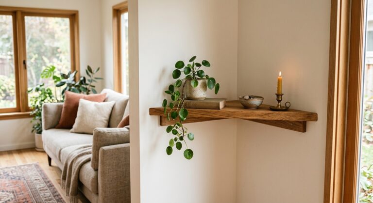 Étagère d'angle en bois installée dans un coin de salon avec plante et bougie