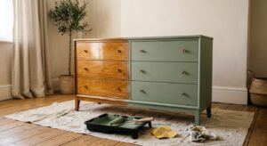 Commode ancienne moitié vernie moitié repeinte en vert sauge avec rouleau et pinceau