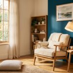 Mur bleu paon en accent dans un coin lecture, associé à du bois clair et des touches de laiton