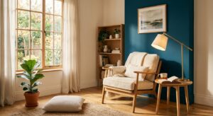 Mur bleu paon en accent dans un coin lecture, associé à du bois clair et des touches de laiton