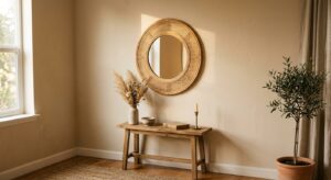 Miroir rond en cannage rotin fait maison au-dessus d une console en bois