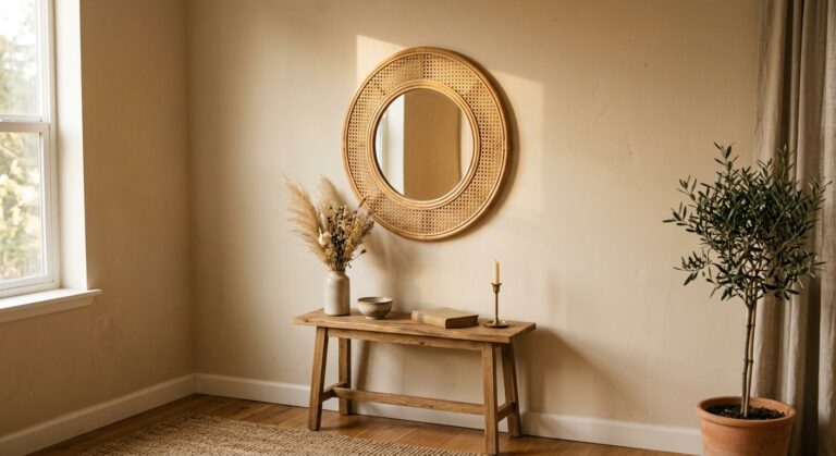 Miroir rond en cannage rotin fait maison au-dessus d une console en bois
