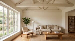 Salon avec poutres apparentes peintes en blanc cassé assorti au plafond, mobilier en lin et bois clair