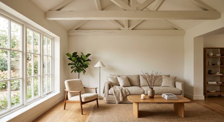 Salon avec poutres apparentes peintes en blanc cassé assorti au plafond, mobilier en lin et bois clair