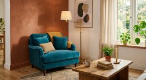 Salon avec mur terracotta et fauteuil bleu canard en velours, lampe laiton