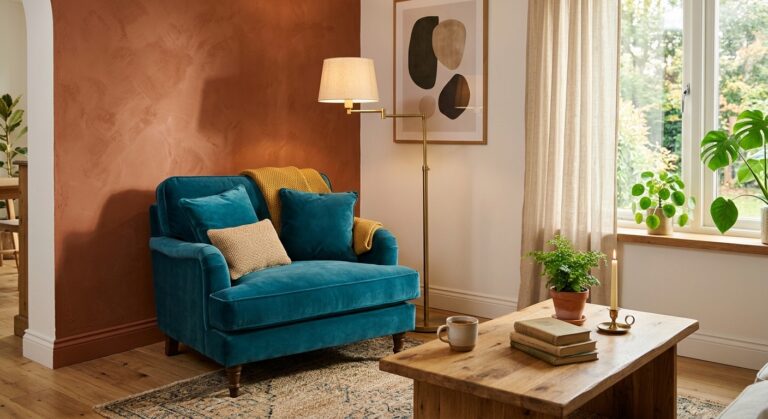 Salon avec mur terracotta et fauteuil bleu canard en velours, lampe laiton