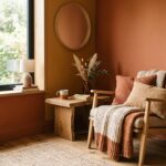 Coin salon avec mur terracotta et fauteuil en bois dans une pièce exposée au nord
