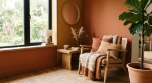Coin salon avec mur terracotta et fauteuil en bois dans une pièce exposée au nord