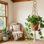 Suspension macramé fait main avec plante pothos retombante, près d’une fenêtre lumineuse