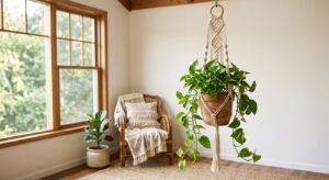 Suspension macramé fait main avec plante pothos retombante, près d’une fenêtre lumineuse
