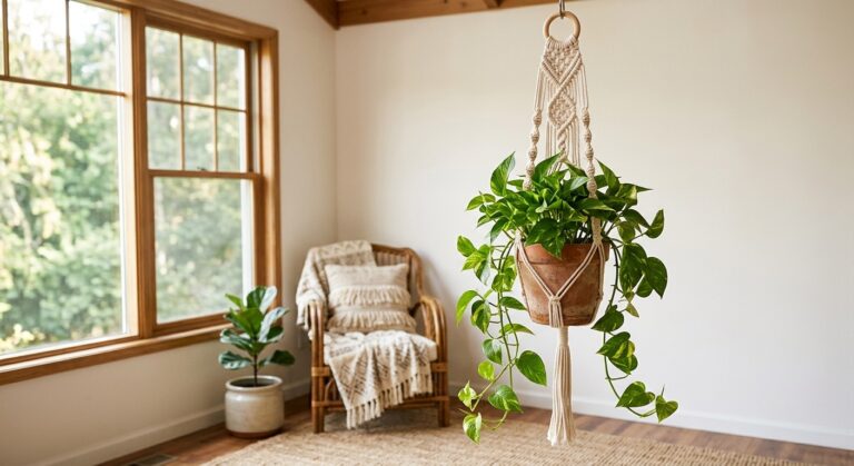 Suspension macramé fait main avec plante pothos retombante, près d’une fenêtre lumineuse