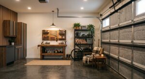 Garage aménagé avec porte sectionnelle isolée par panneaux, ambiance chaleureuse