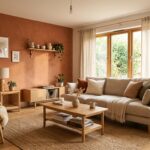 Salon lumineux avec un mur peint en couleur argile, canapé en lin et mobilier en bois clair