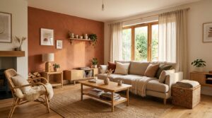 Salon lumineux avec un mur peint en couleur argile, canapé en lin et mobilier en bois clair