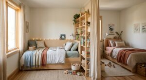 Chambre partagée par deux enfants avec espaces séparés par une étagère ouverte et un rideau
