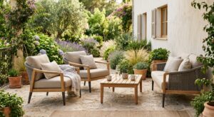 Salon de jardin en teck et résine tressée sur une terrasse ensoleillée, exemple de mobilier extérieur résistant aux intempéries