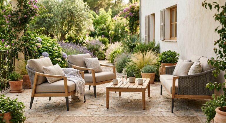 Salon de jardin en teck et résine tressée sur une terrasse ensoleillée, exemple de mobilier extérieur résistant aux intempéries