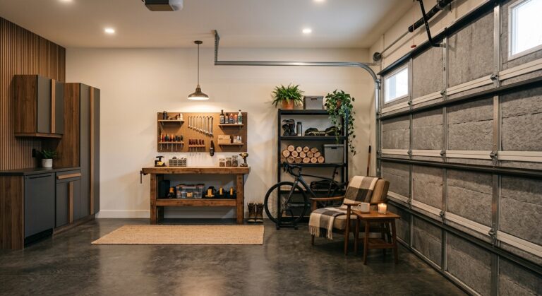 Garage aménagé avec porte sectionnelle isolée par panneaux, ambiance chaleureuse