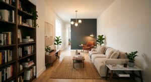 Salon en longueur aménagé avec canapé perpendiculaire, tapis structurant et bibliothèque verticale