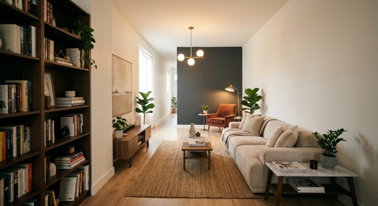 Salon en longueur aménagé avec canapé perpendiculaire, tapis structurant et bibliothèque verticale