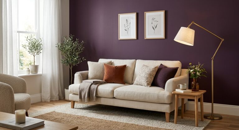 Salon avec mur aubergine, canapé beige et lampadaire laiton