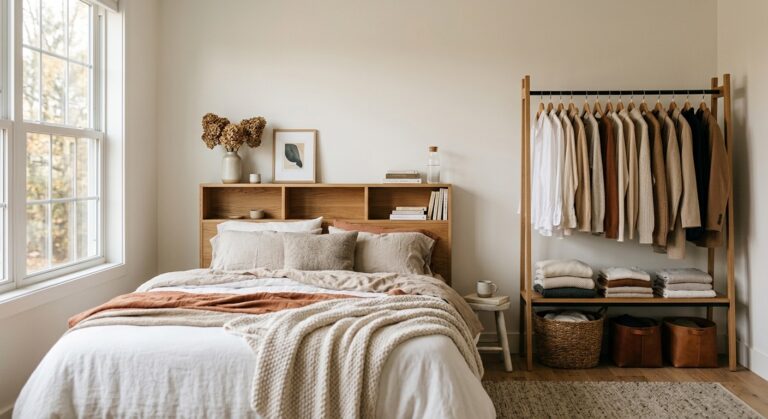 Chambre sans placard aménagée avec un dressing ouvert et une tête de lit à étagères de rangement