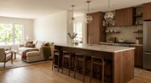 Îlot central en bois avec tabourets délimitant une cuisine ouverte sur un salon
