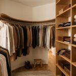 Dressing en angle amenage avec tringle courbe traversant le coin et etageres en bois