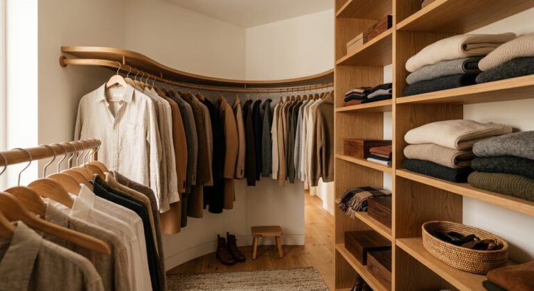 Dressing en angle amenage avec tringle courbe traversant le coin et etageres en bois