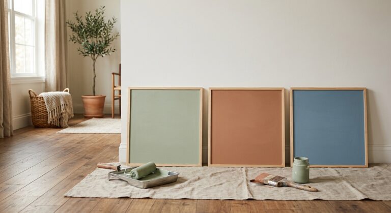 Trois panneaux de couleur sauge, argile et bleu adossés à un mur pour tester une peinture