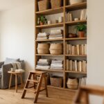 Étagères hautes en bois jusqu au plafond avec paniers tressés et linge plié dans un séjour lumineux, escabeau au pied