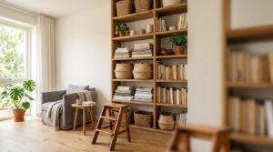Étagères hautes en bois jusqu au plafond avec paniers tressés et linge plié dans un séjour lumineux, escabeau au pied