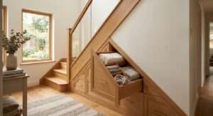 Placard sous escalier avec tiroirs en gradins suivant la pente, un tiroir ouvert montrant du linge rangé