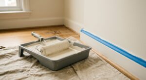 Rouleau chargé de peinture blanc cassé dans un bac gris, avec ruban de masquage bleu sur la plinthe d’une chambre