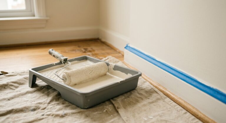 Rouleau chargé de peinture blanc cassé dans un bac gris, avec ruban de masquage bleu sur la plinthe d’une chambre