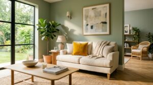 Salon aux murs vert sauge, parquet clair et coussin jaune moutarde illustrant la règle du 60-30-10