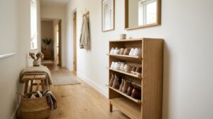 Meuble à chaussures en chêne à tablettes inclinées dans un couloir d’entrée clair