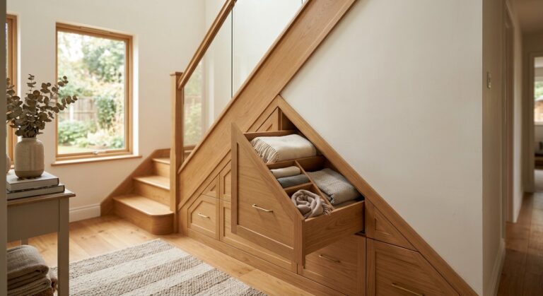 Placard sous escalier avec tiroirs en gradins suivant la pente, un tiroir ouvert montrant du linge rangé
