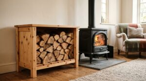 Range-bûches intérieur en bois clair rempli de bûches fendues à côté d un poêle à bois