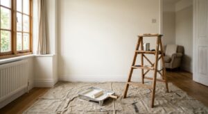Chambre aux murs fraîchement peints en blanc chaud, rouleau dans son bac et escabeau en bois